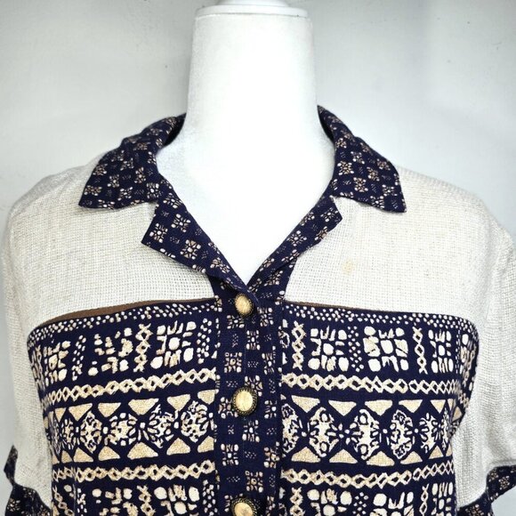 Vintage JSJ Petites Navy White Woven Tapestry Navajo Aztec Crop Length Shirt USA - Picture 6 of 9